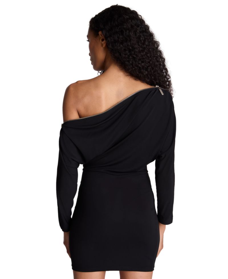 Women's Zipper Shoulder Mini Off-the-Shoulder Long-Sleeve Body-Con Dress
