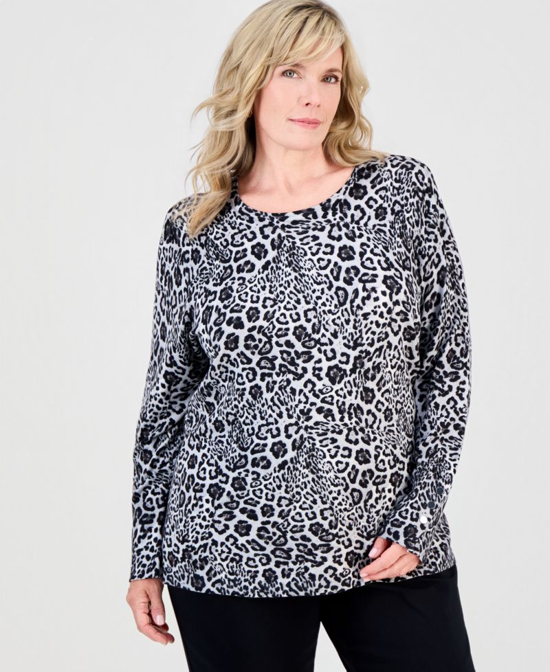 Petite Bold Leopard Long-Sleeve Crewneck Sweater