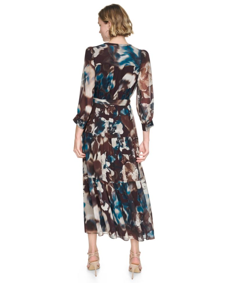 Women's Floral-Print Tiered V-Neck Maxi Dress