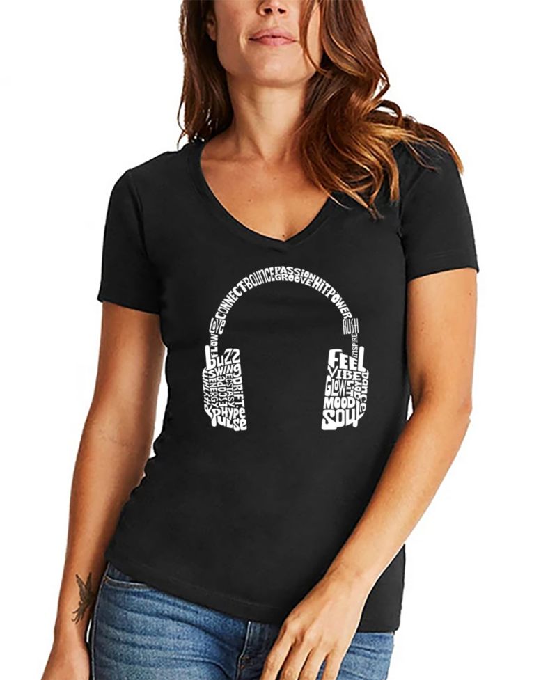 Women's Mood Headphones Word Art V-Neck T-Shirt