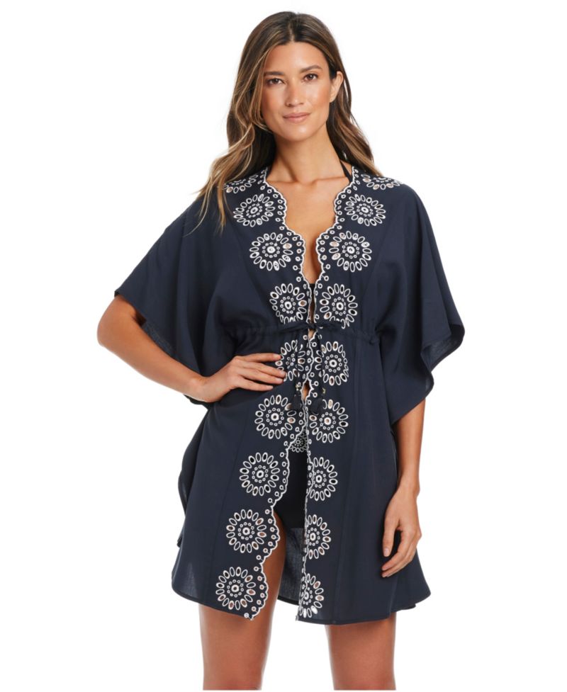 Women's Eyelet Open-Front Swim Cover-Up Caftan