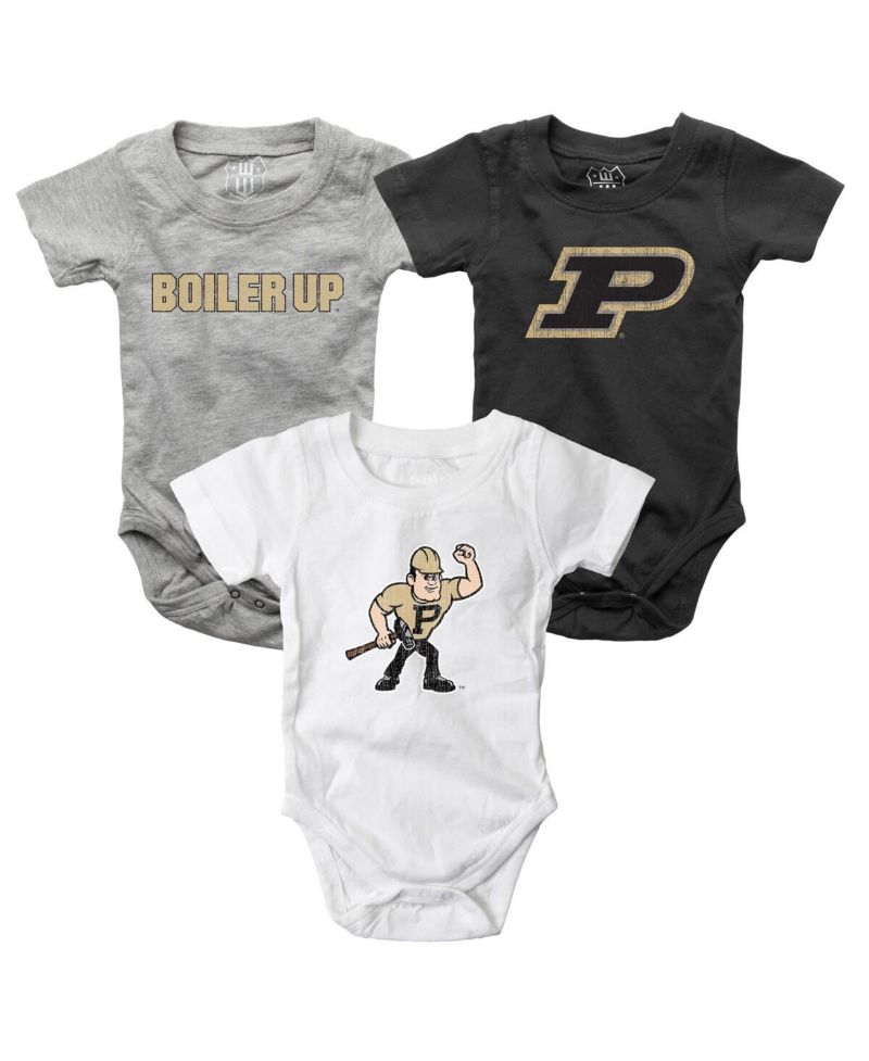 Baby Boys and Girls 3-Pack Charcoal/White/Heather Gray Purdue Boilermakers Bodysuit Set