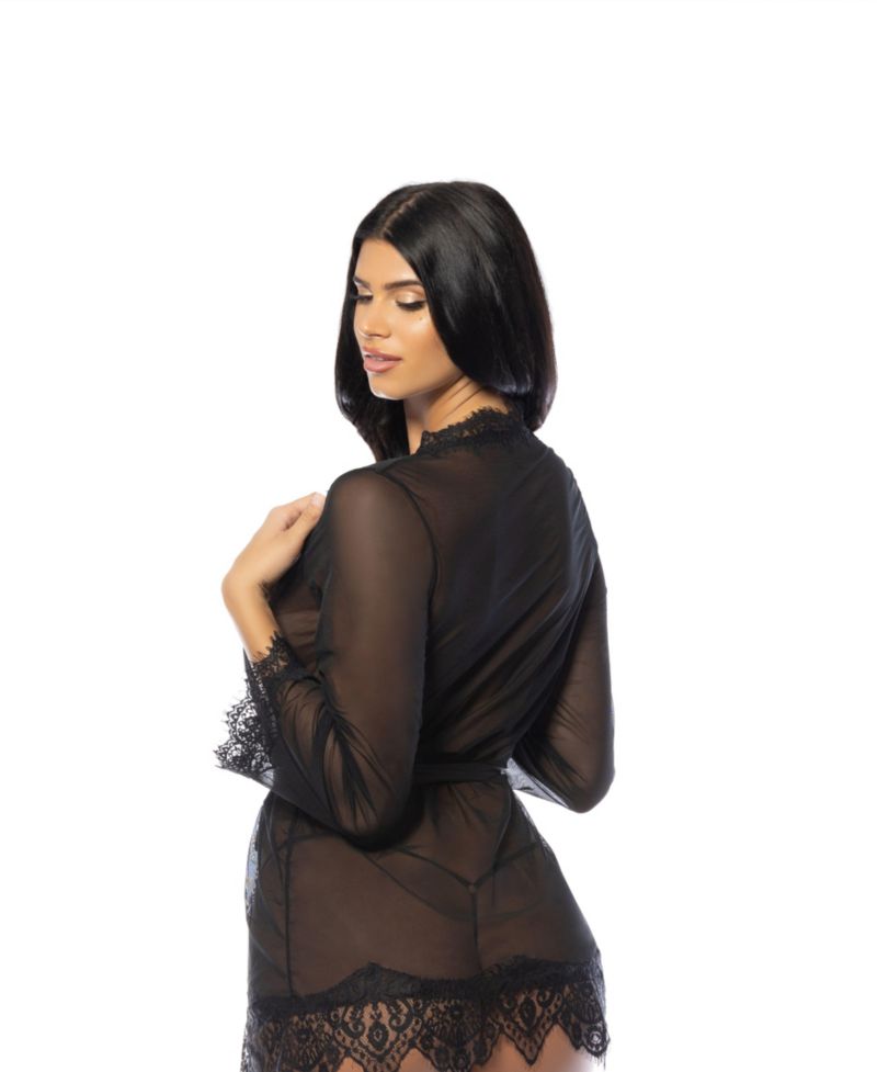 Women's Provence Sheer Eyelash Lace Robe with Sash and G-String Panty