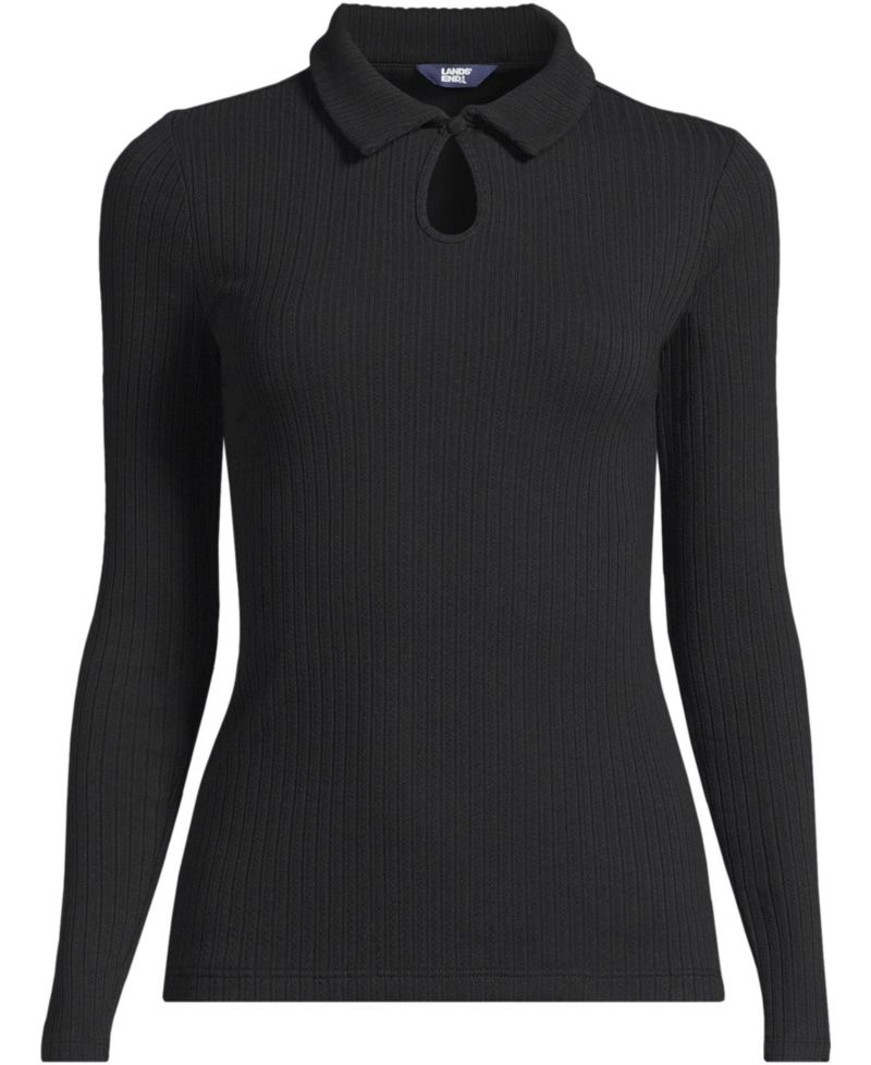 Plus Size Long Sleeve Pointelle Rib Keyhole Polo Top
