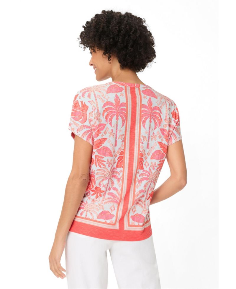 Women's Ornamental Botanic Print Split Neck T-Shirt