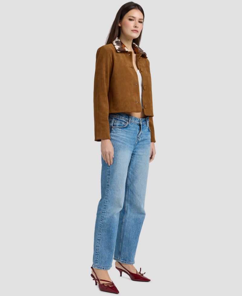 Women's Yumi Pocket Cropped Faux-Suede Cow-Print Collar Jacket