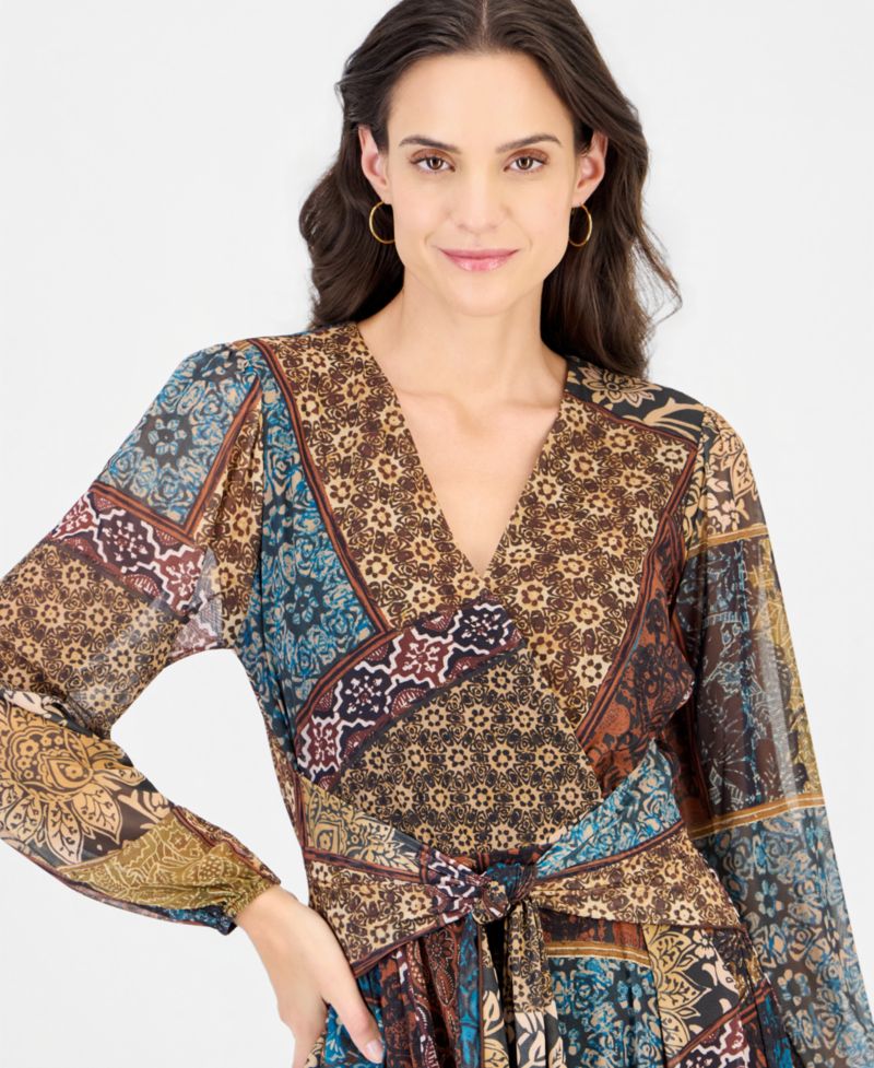 Women's Print Surplus V-Neck Long-Sleeve Wrap Midi Dress