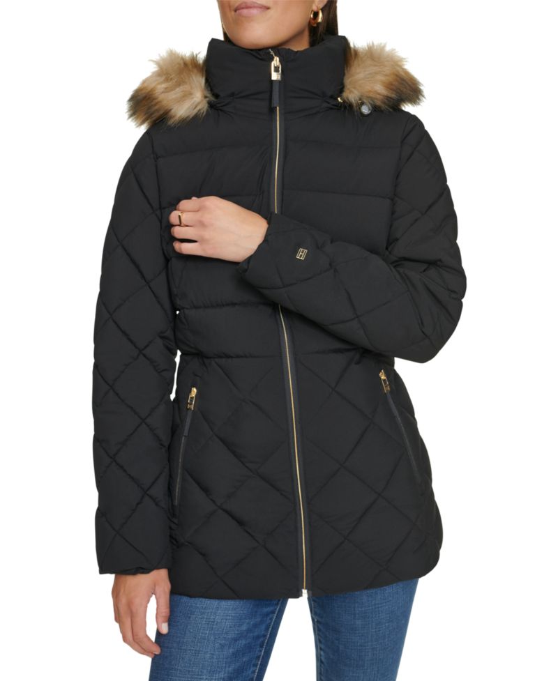 Women's Bibbed Faux-Fur-Trim Hooded Puffer Coat