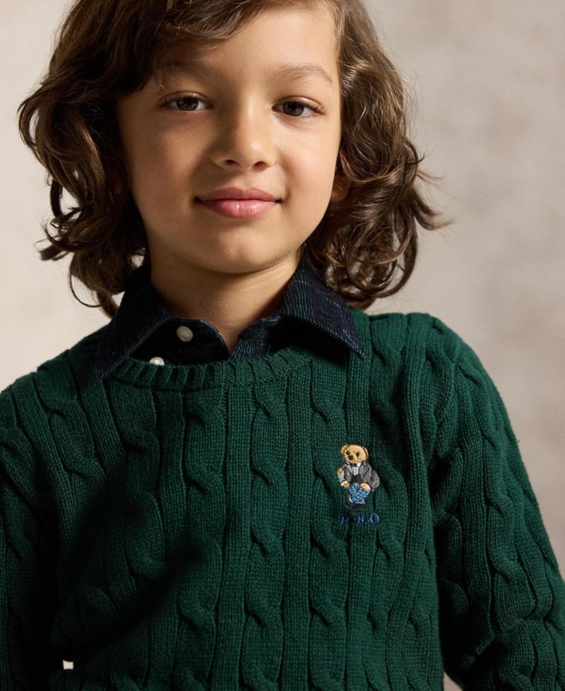 Boys' 2T-7 Polo Bear Cable-Knit Crewneck Sweater