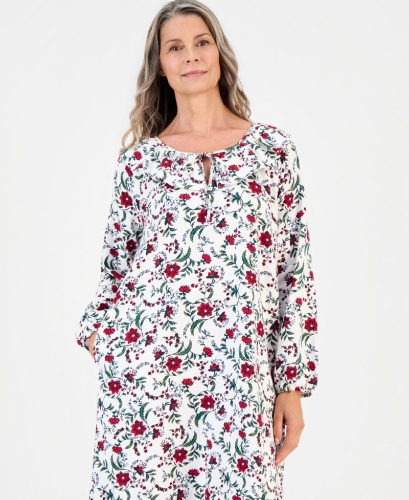 Women's Long-Sleeve Cotton-Blend Flannel Nightgown with Pockets
