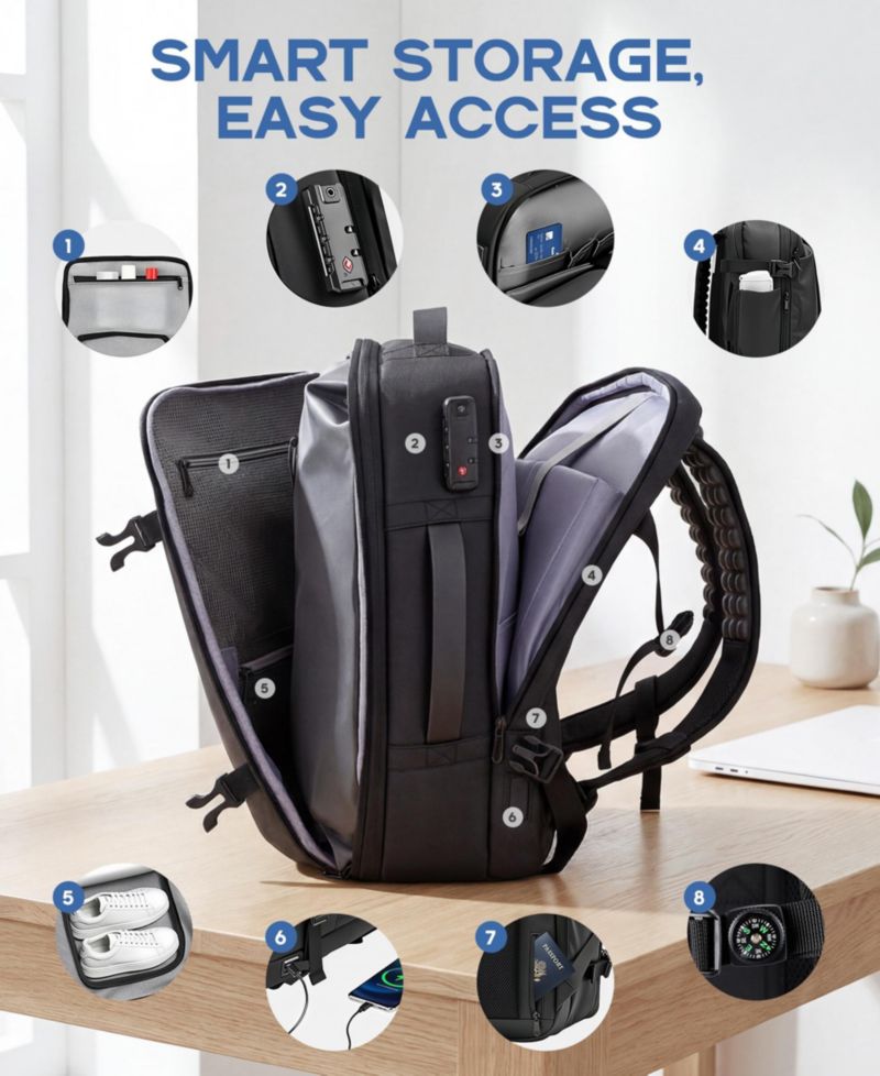 Expandable Travel Backpack with USB Charging Port, 20 to 30 Liters Carry On Backpack with Laptop Compartment, Water-Resistant Business Backpack