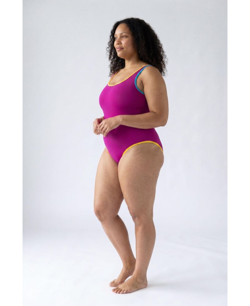 Women's Shimmer Trim Square Neck One Piece Swimsuit