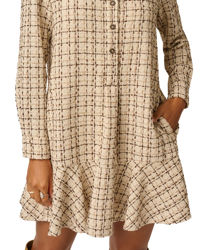 Women's Hailey Tweed Long-Sleeve Ruffled-Hem Shirt Dress