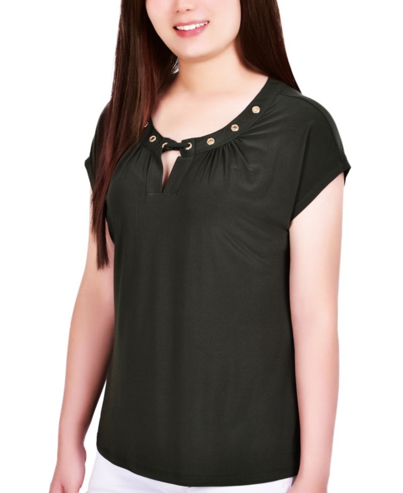 Petite Grommet Neck Knit Short Extended Sleeve Top