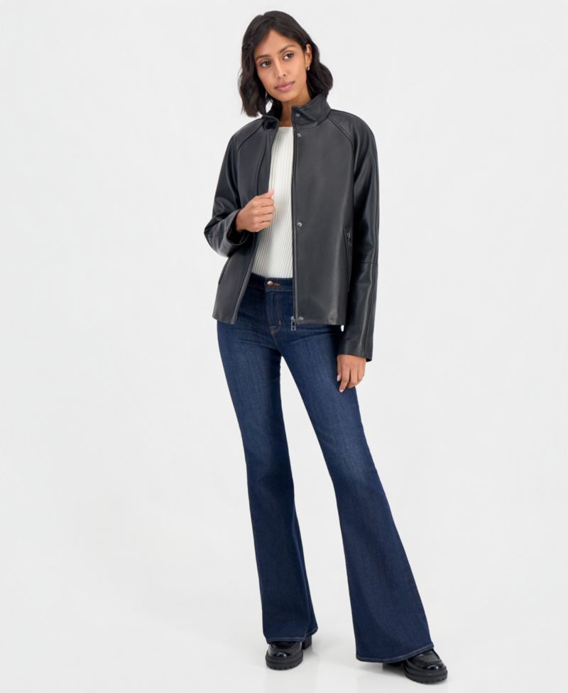 Women's Leather Stand-Collar Zip-Up Jacket