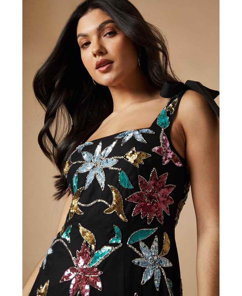 Women's Floral Embellished Split Midi Dress