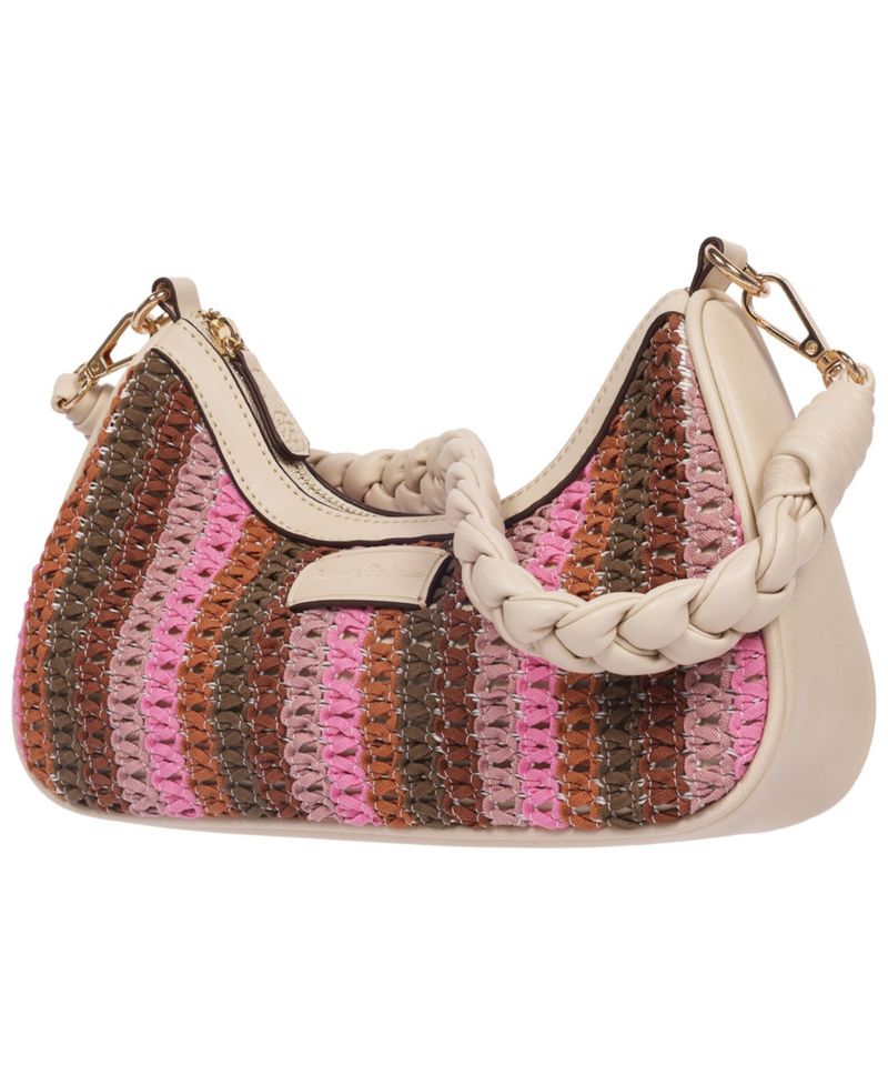 Woven Ribbon Zip Top Hobo Bag - Striped Woven Shoulder Bag with Braided Strap