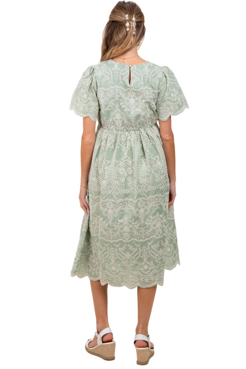 Women's Light Olive Floral Embroidered Tied Waist Midi Dress