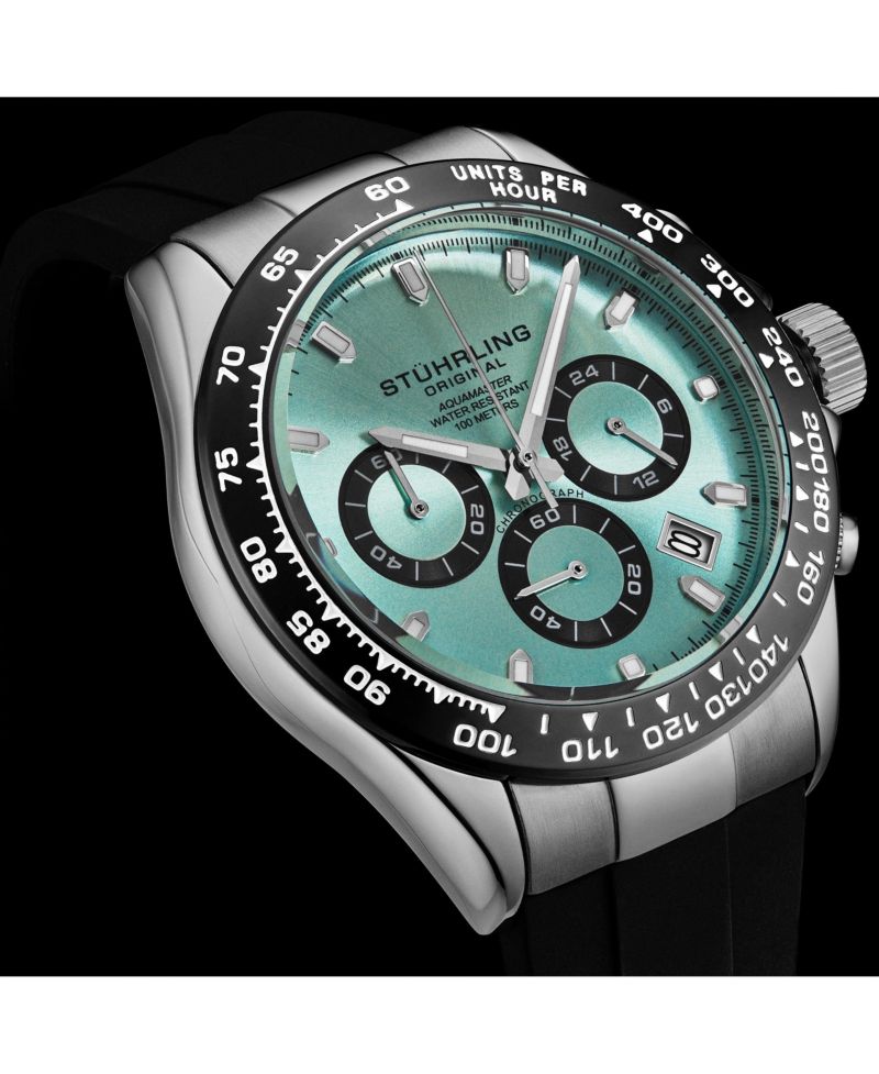 Aquamaster 4050 Men's 43mm VK63 Meca-Quartz Chronograph Watch, Ice Blue Sunray Dial, Black Tachymeter Bezel, Black Silicone Strap, 100M WR