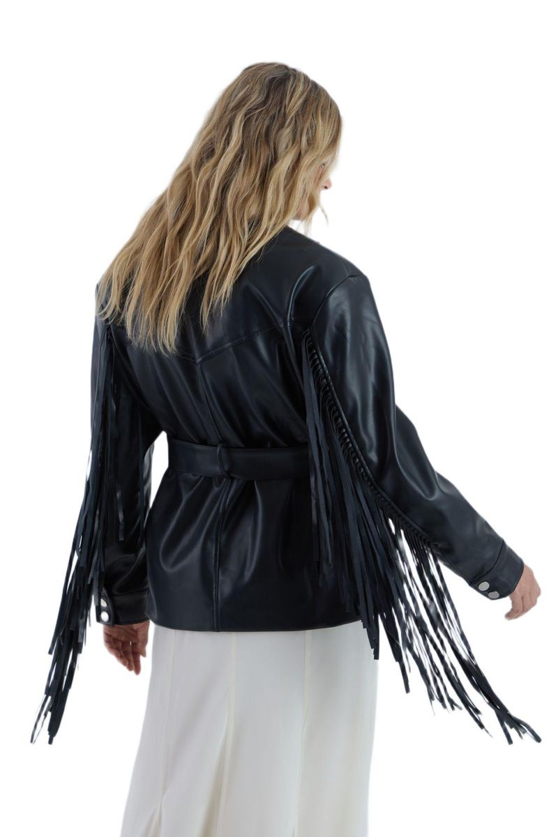 Women's Fringe Faux Leather Belted Jacket