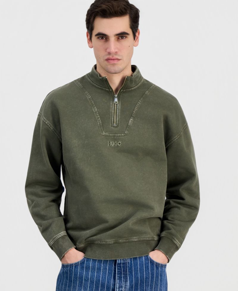 Men's Distressed Logo Quarter-Zip Sweater