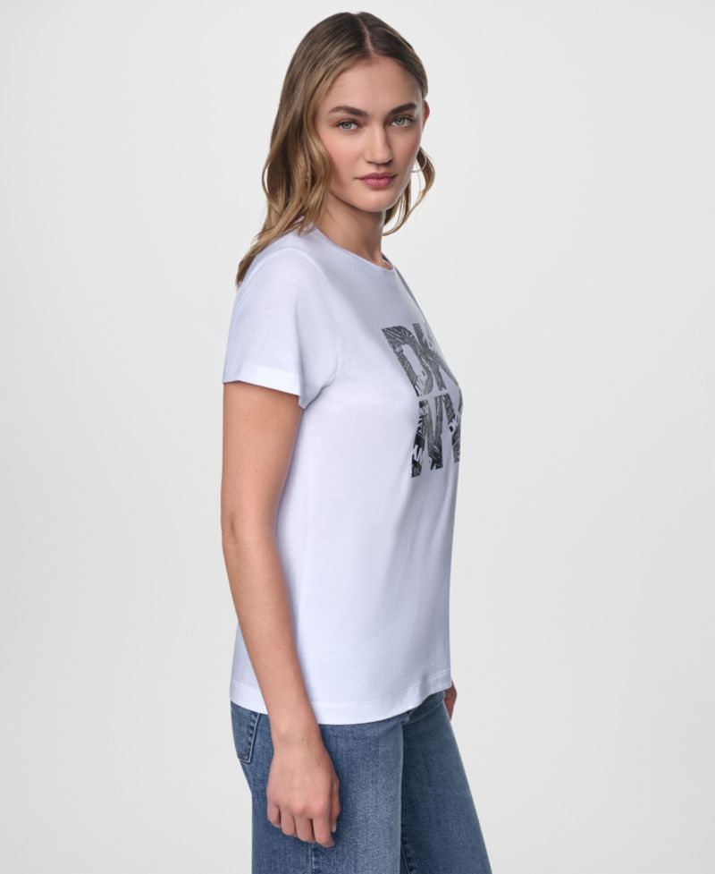 Women's Short-Sleeve Newsprint DKNY Stacked Logo Crewneck T-Shirt