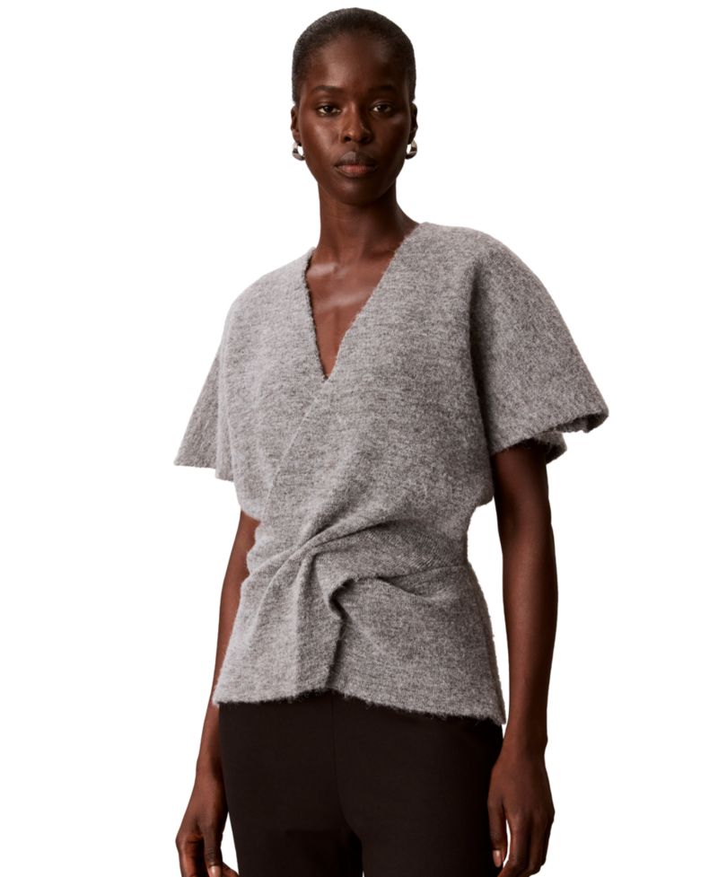 Petite Twist-Knot V-Neck Short-Sleeve Sweater
