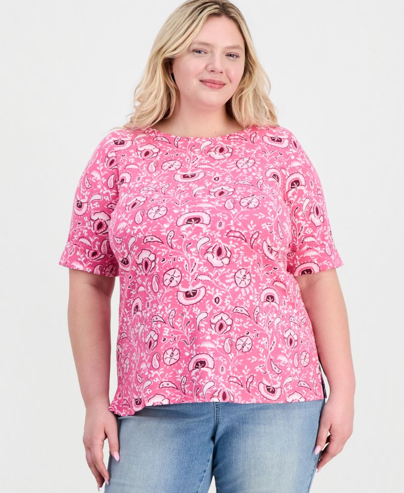 Plus Size Printed Boat-Neck Elbow-Sleeve Top