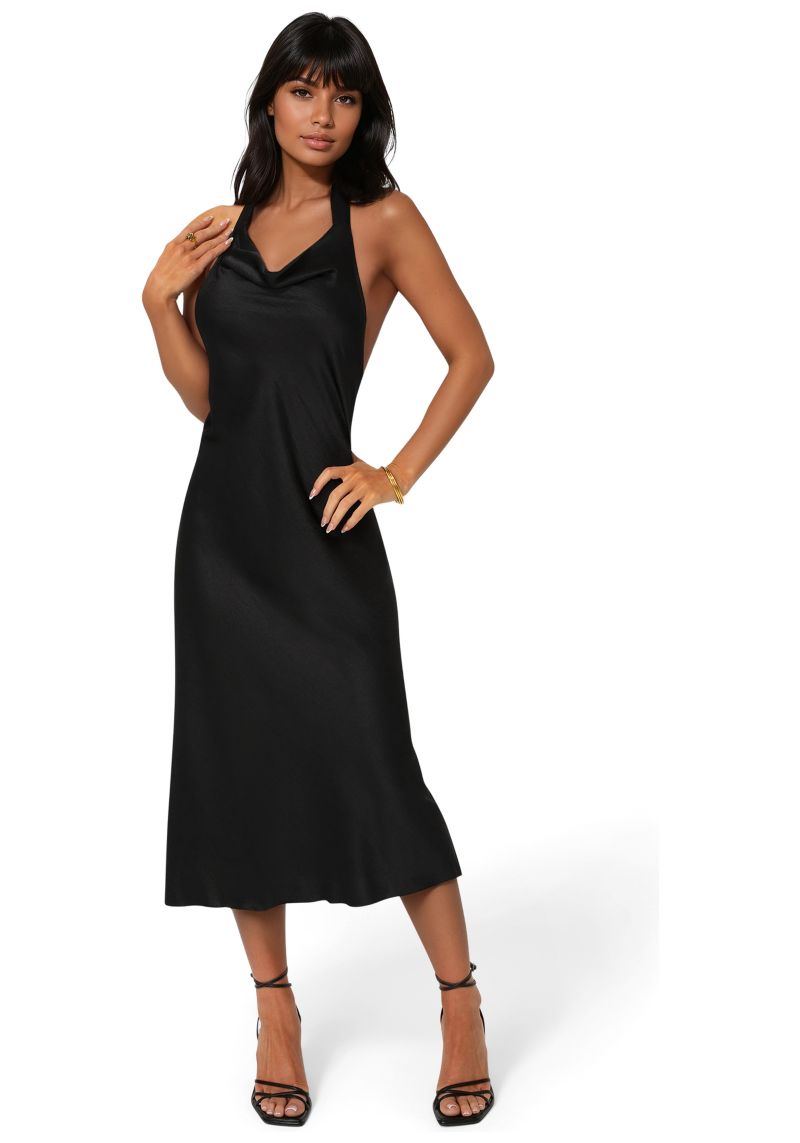 Women's Satin Halter Front Cowl Neck Midi Dress