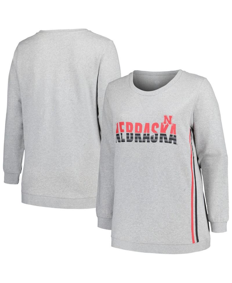 Women's Heather Gray Nebraska Huskers Plus Size Side Stripe Pullover Sweatshirt