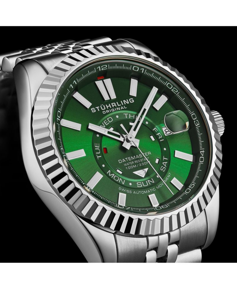 Datemaster II Men’s Swiss Automatic 42mm Stainless Steel Watch, Green Dial, Fluted Bezel, Day & Date, 100M Water Resistant