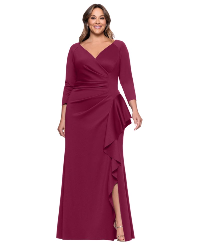 Plus V-Neck Ruffled Side-Slit Scuba Gown