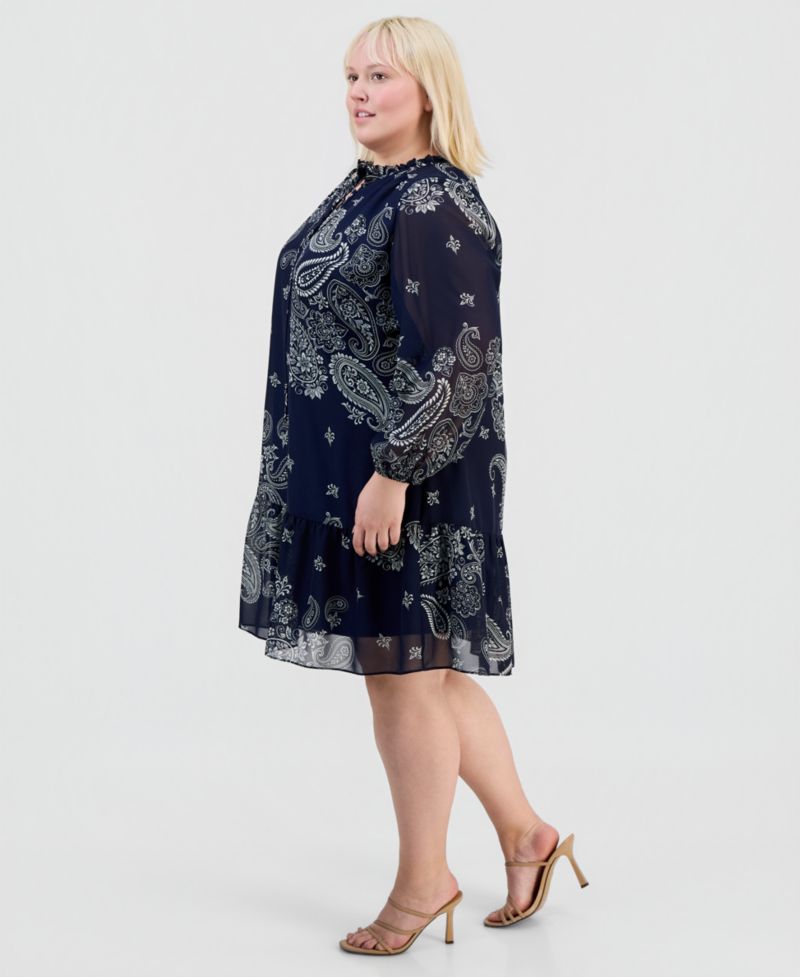 Plus Size Printed Chiffon Tie-Neck Tiered Dress