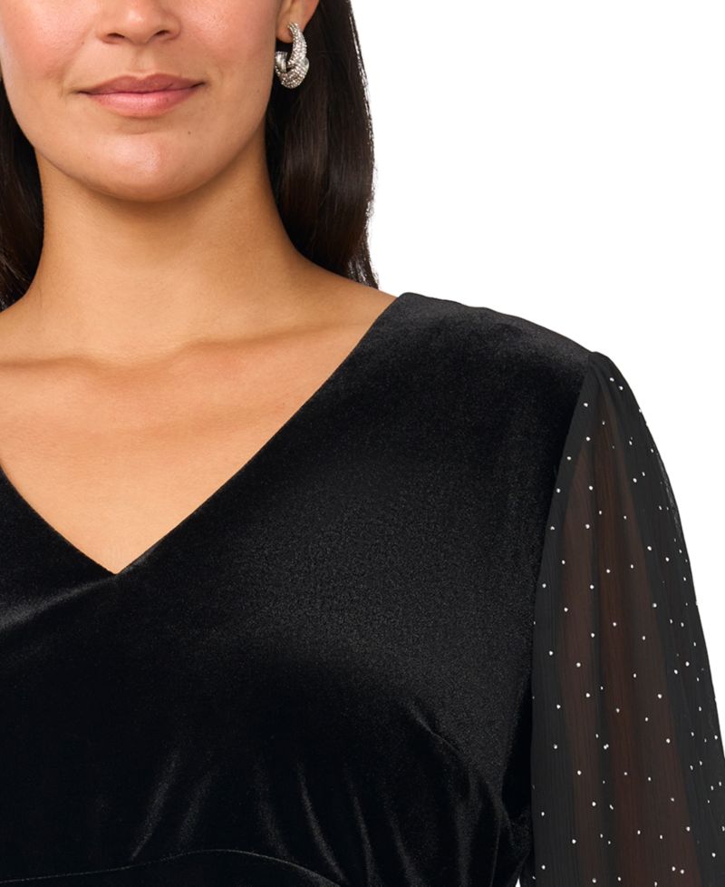 Plus Size Surplice Velvet Ruched Long-Sleeve Blouse