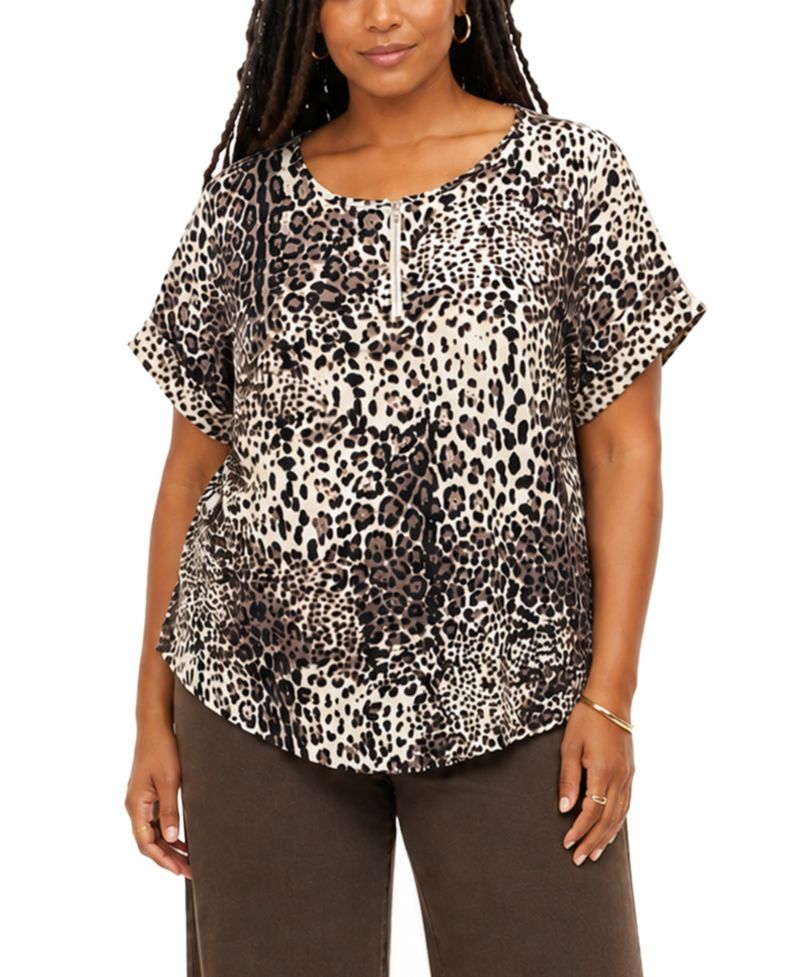 Plus Size Leopard Print Dolman Rolled-Sleeve Top
