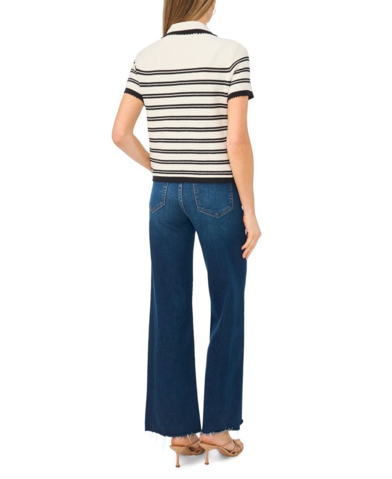 Women's Striped Collared Short-Sleeve Cardigan