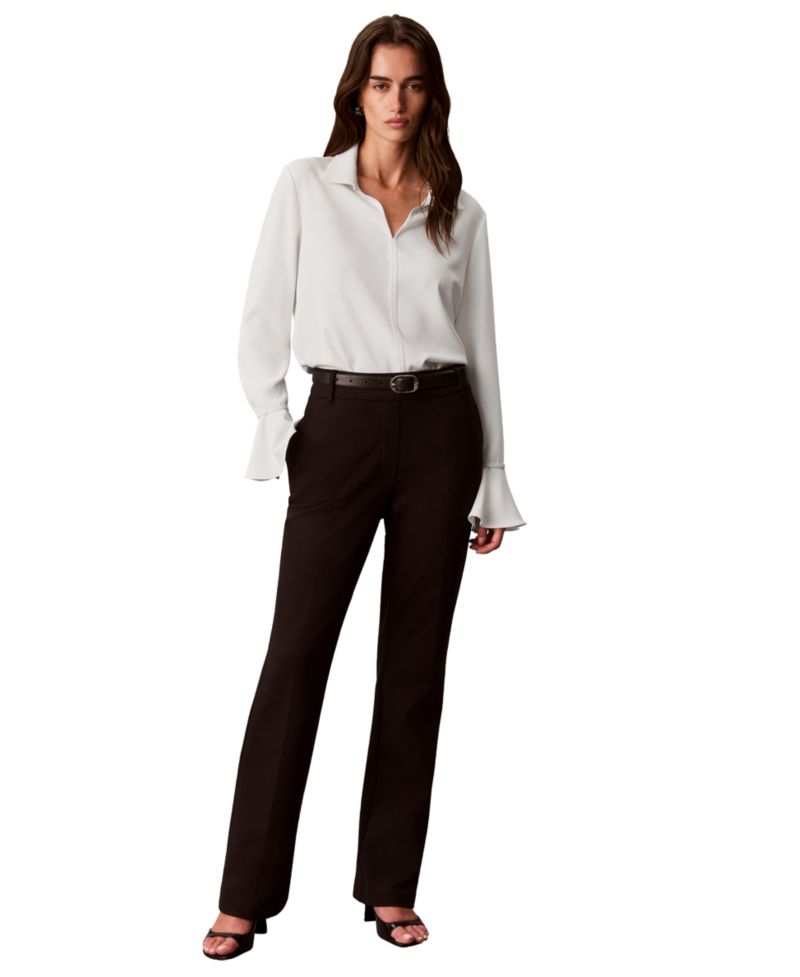 Women's Long-Sleeve Flutter-Cuff Keyhole Blouse