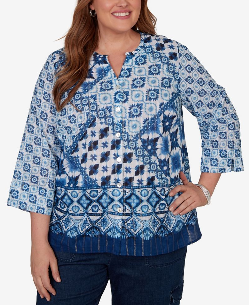 Plus Size Ikat Tie-Dye Patchwork Henley Top