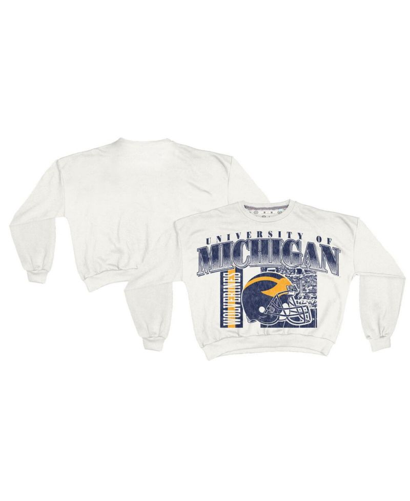 Women's White Michigan Wolverines Oversized Janice Retro Waist-Length Sweatshirt