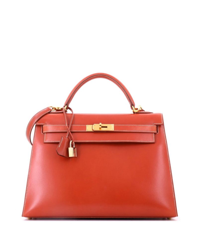 Kelly 32 Handbag Orange Box Calf with Gold Hardware