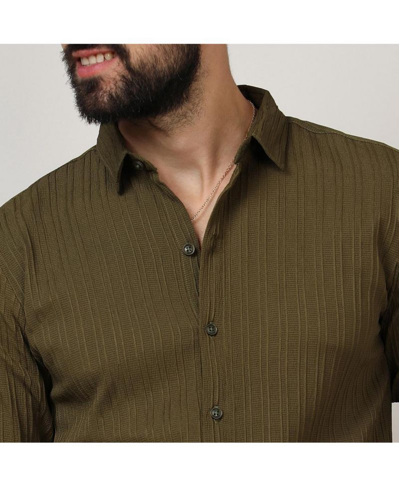 Men's Olive Green Self-Design Striped Shirt