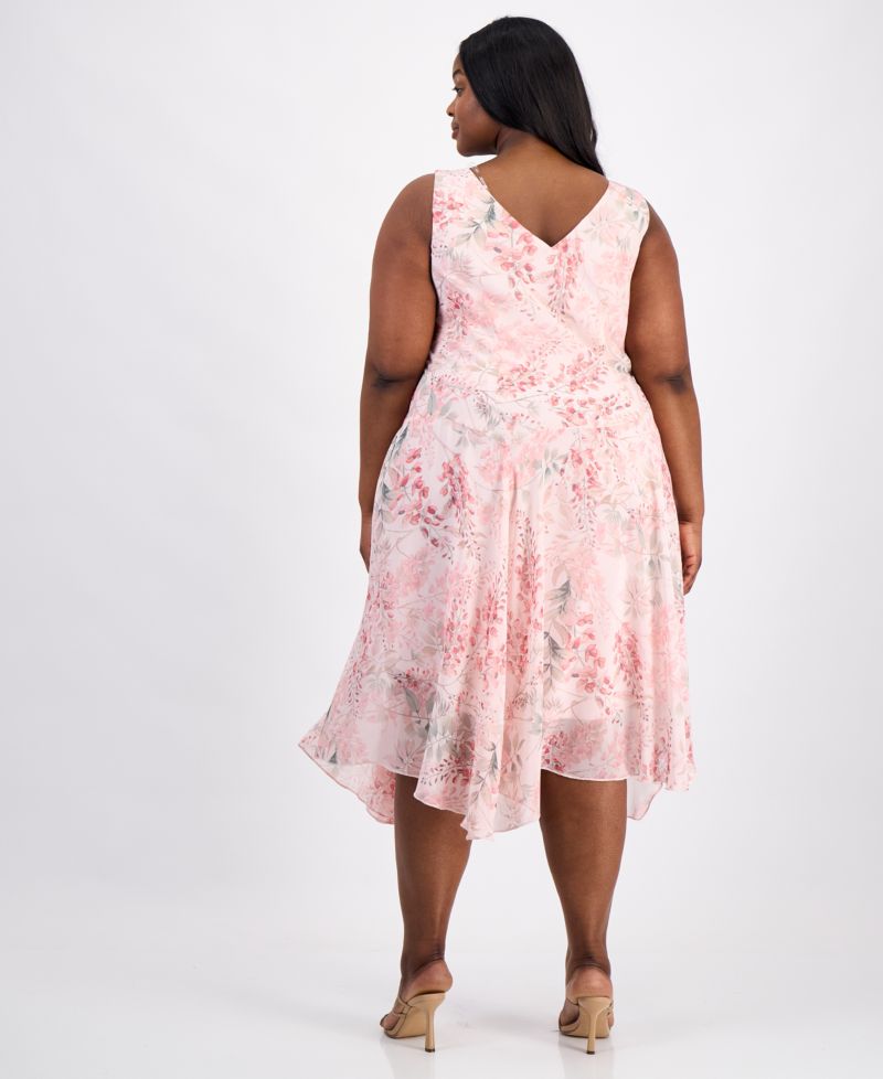Plus Size Floral Chiffon Handkerchief-Hem Dress