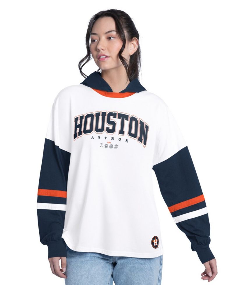 Women's White/Navy Houston Astros Key Player Oversized Hooded Long Sleeve T-Shirt