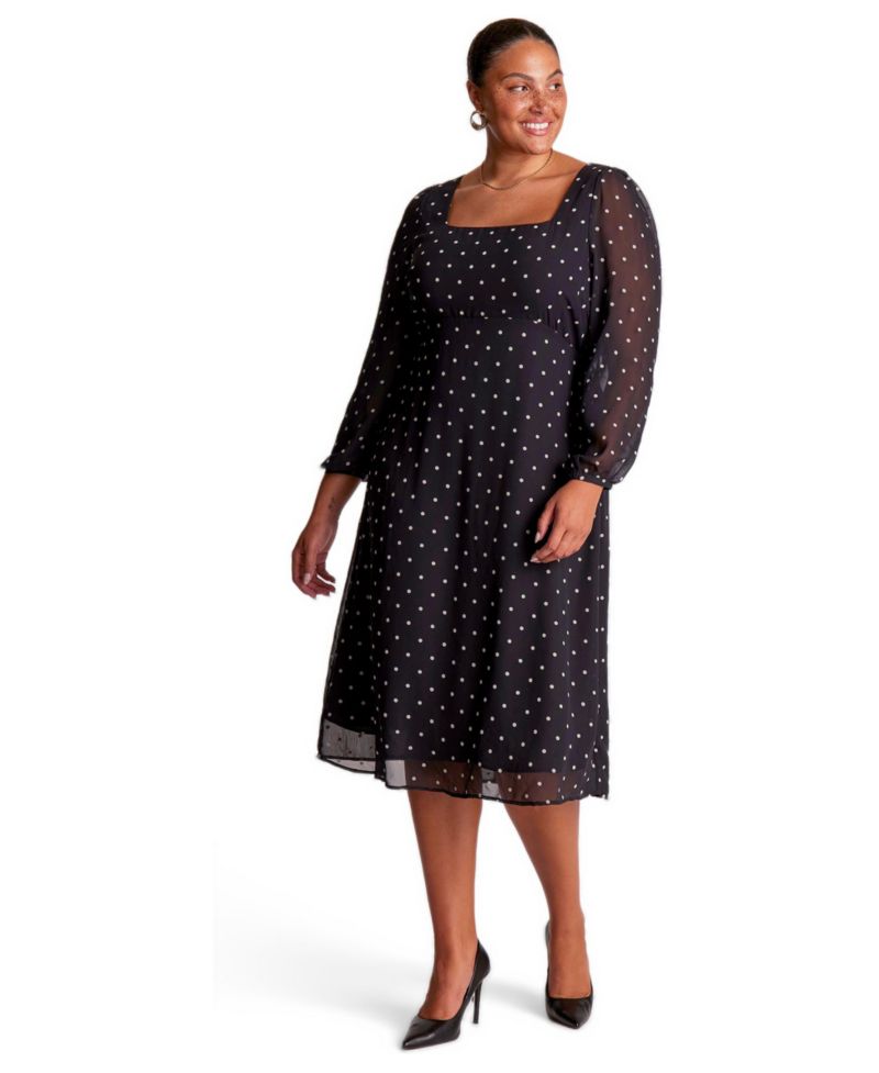 Women's Sable Polka Dot Square Neck Long Sleeve Midi Dress