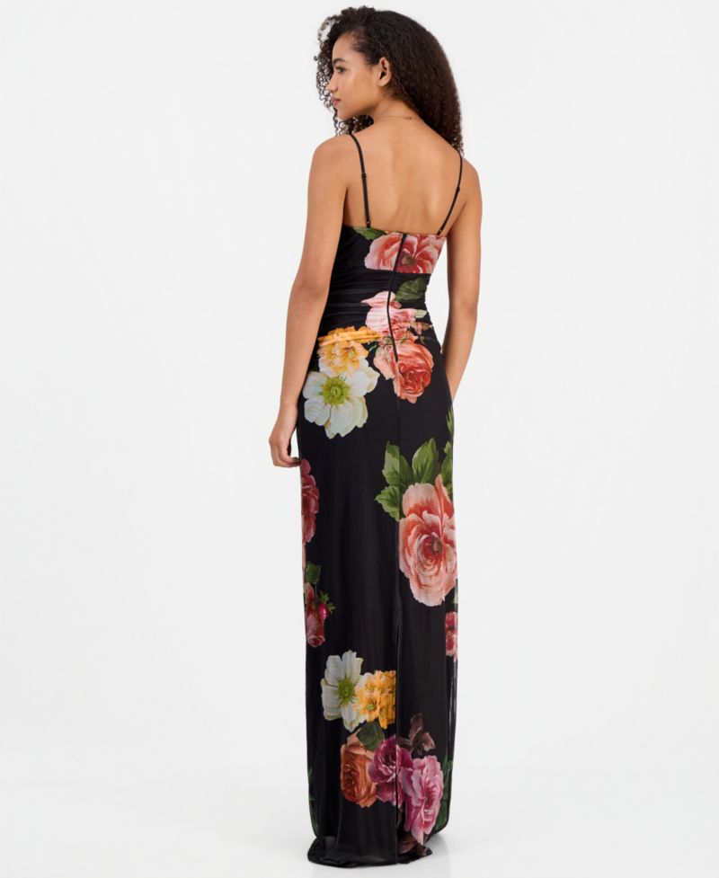 Juniors' Cowl Neck Floral Mesh Sleeveless Gown