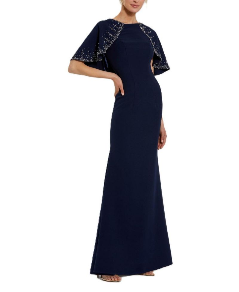 Women's Crepe High Neck Fitted Gown With Beaded Shawl