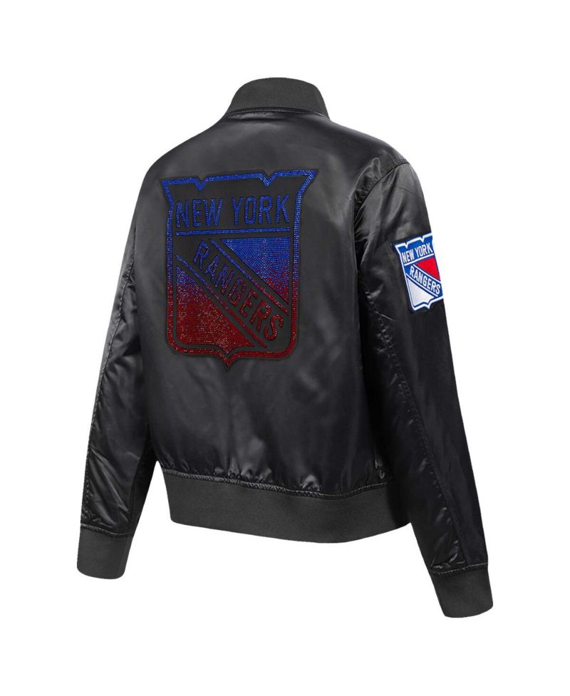 Women's Black New York Rangers Rhinestone Jewels Satin Full-Snap Jacket