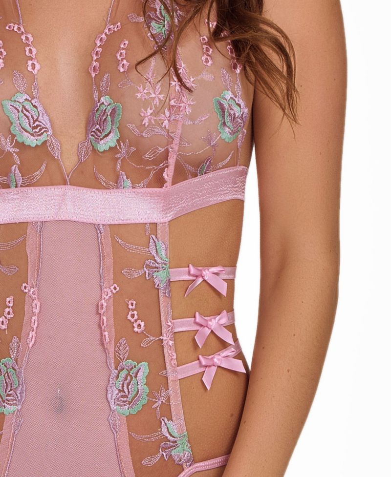 Women's Sheer Embroidered Bodysuit Lingerie with Bow Accents