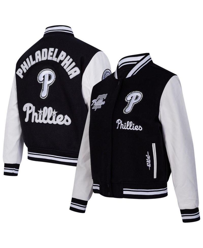 Women's Black Philadelphia Phillies Rib Wool Full-Zip Varsity Jacket