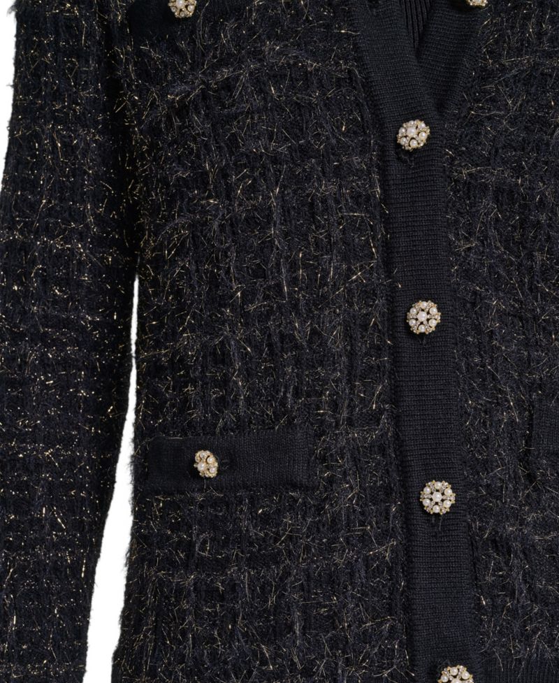 Women's Eyelash-Knit Metallic Crewneck Long-Sleeve Cardigan Sweater